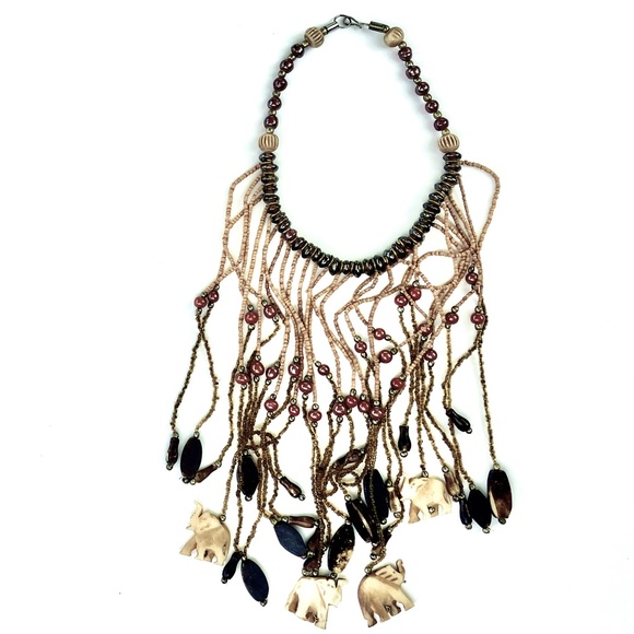 Fringed Choker with Hand-carved Bone Elephants - Vintage Boho Statement Necklace - Picture 6 of 10